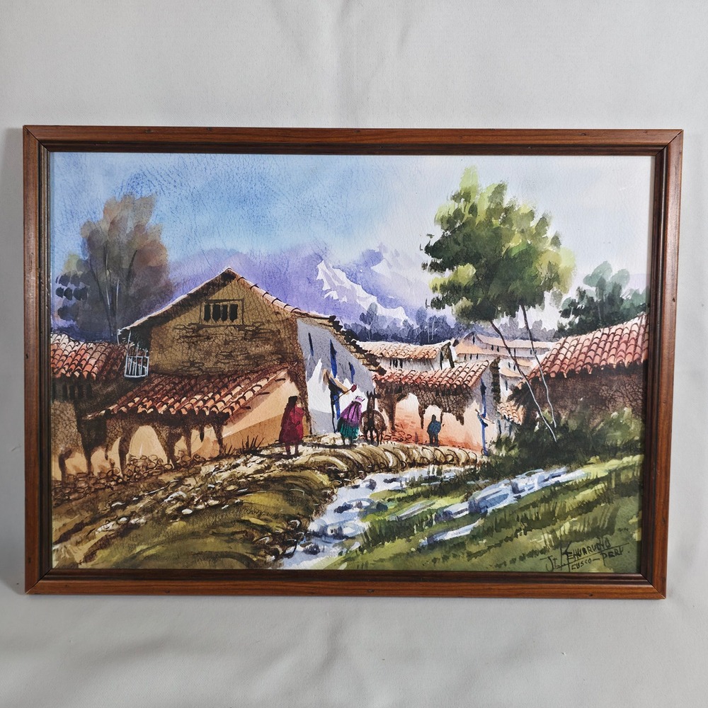Original Watercolor Painting Cusco Peru Andean Village Signed Framed Folk Art